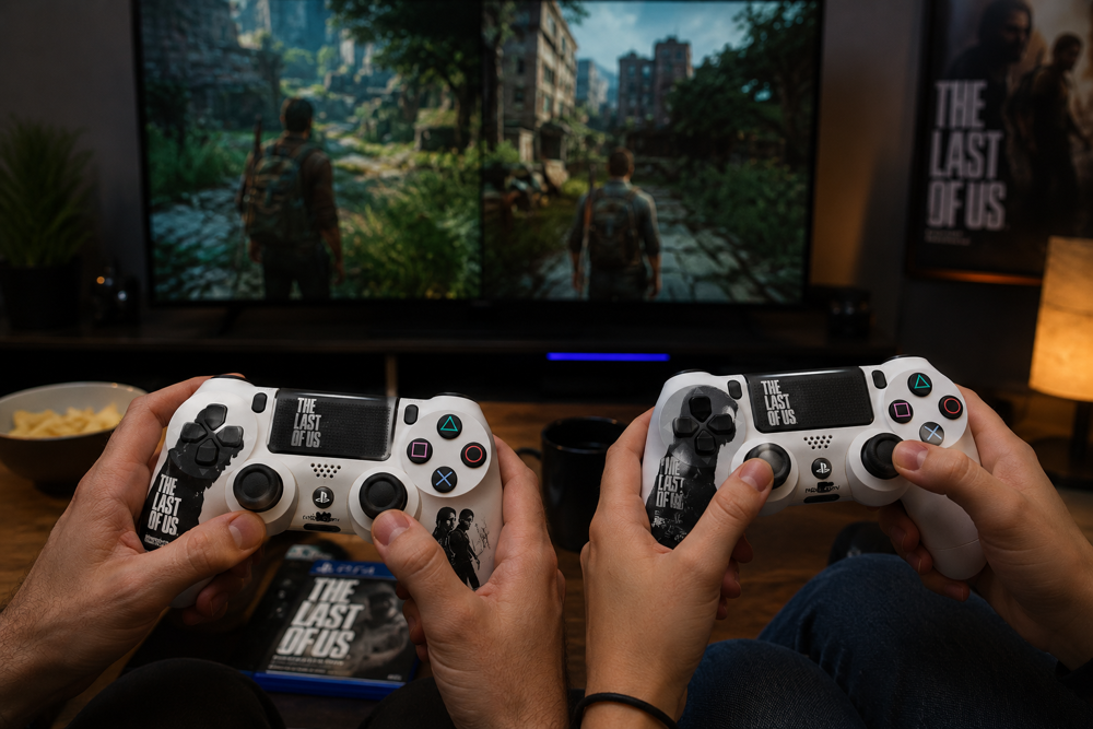 دسته بازی PS4 طرح Last Of Us سفید مشکی در تجربه بازی گروهی با فضای گیمینگ خانگی و هیجان انگیز مشترک.